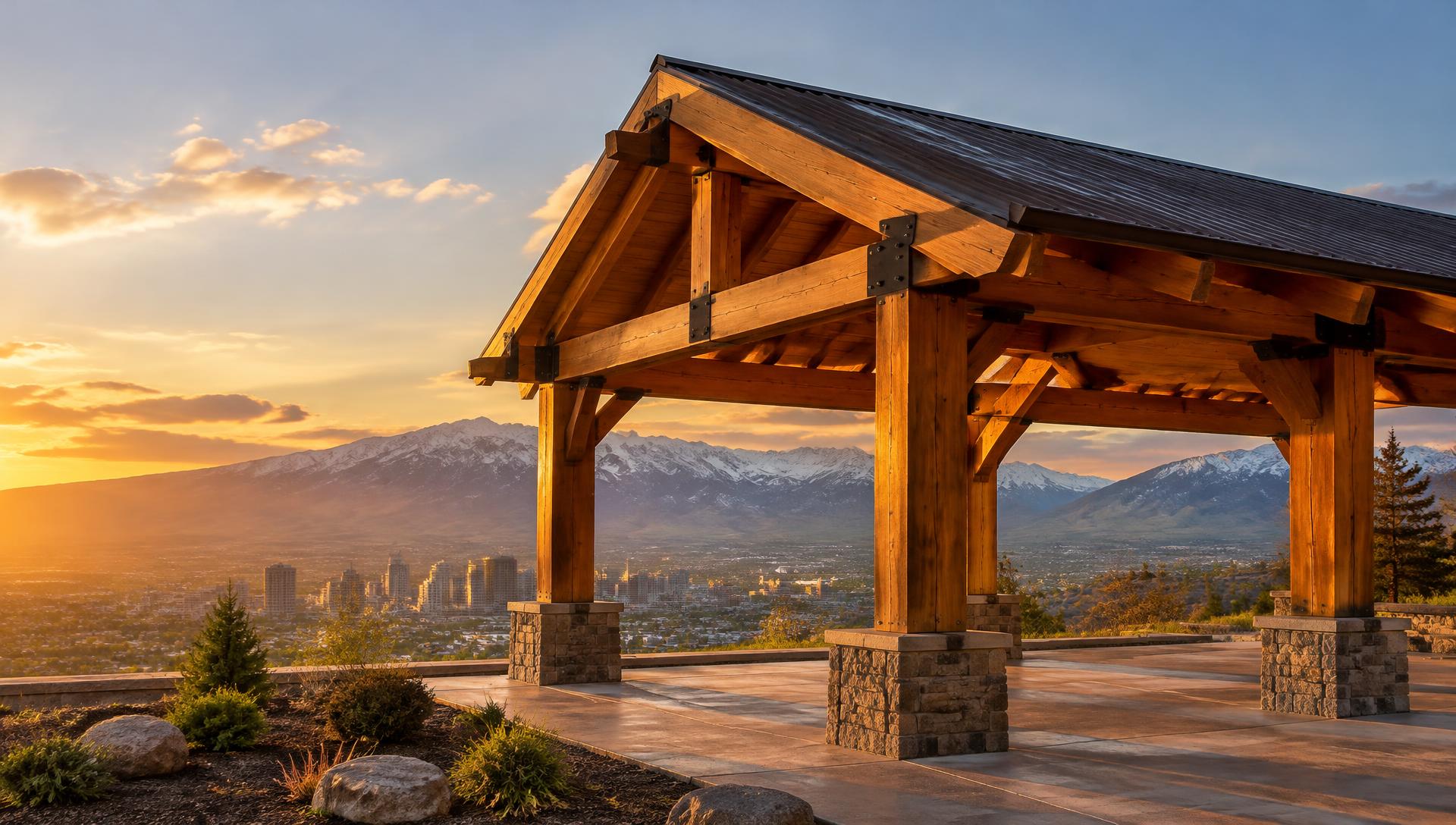 Illustrative timber pavilion in a mountain setting
